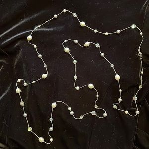 Lovely delicate long pearl/crystal/silver beads on silver chain necklace.